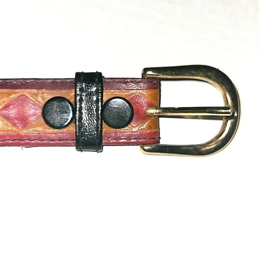 Genuine Leather belt Small - M red & green on brown gold buckle 1